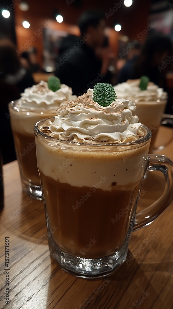 Three Beverages Served in Glass Mugs With Whipped Cream Three Beverages Served in Glass Mugs With Whipped Cream