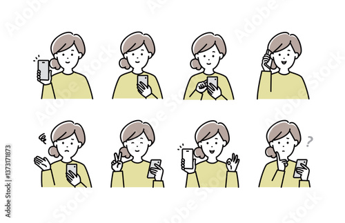 スマホを操作する若い女性のイラストセット