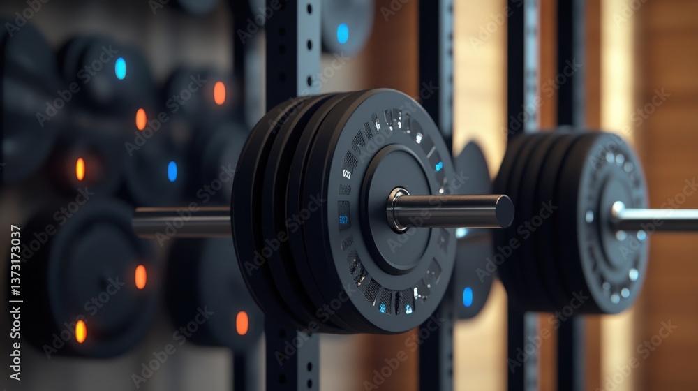 Fototapeta premium A modern weightlifting rack with different weight plates and bars