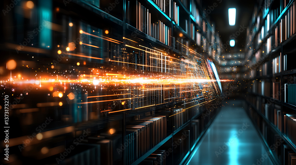 Abstract digital library with glowing data streams, showcasing futuristic atmosphere filled with vibrant light and technology Abstract digital library with glowing data streams, showcasing futuristic atmosphere filled with vibrant light and technology