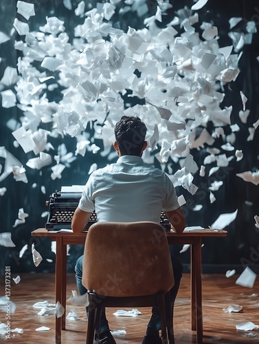 A person typing on a typewriter with paper flying everywhere