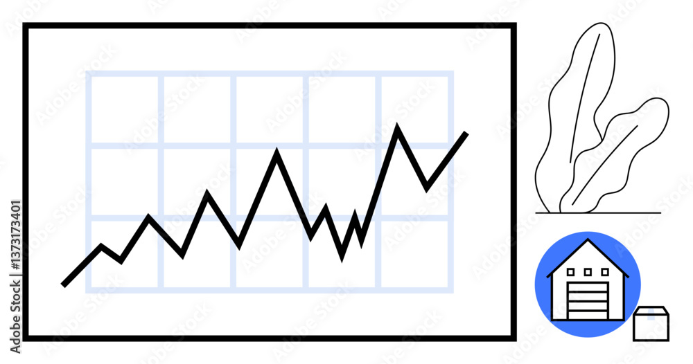 Naklejka premium Rising graph trend over grid, shipping box icon, storage facility icon, plant background. Ideal for analytics, logistics, economy, ecommerce, data growth warehouse management flat simple metaphor