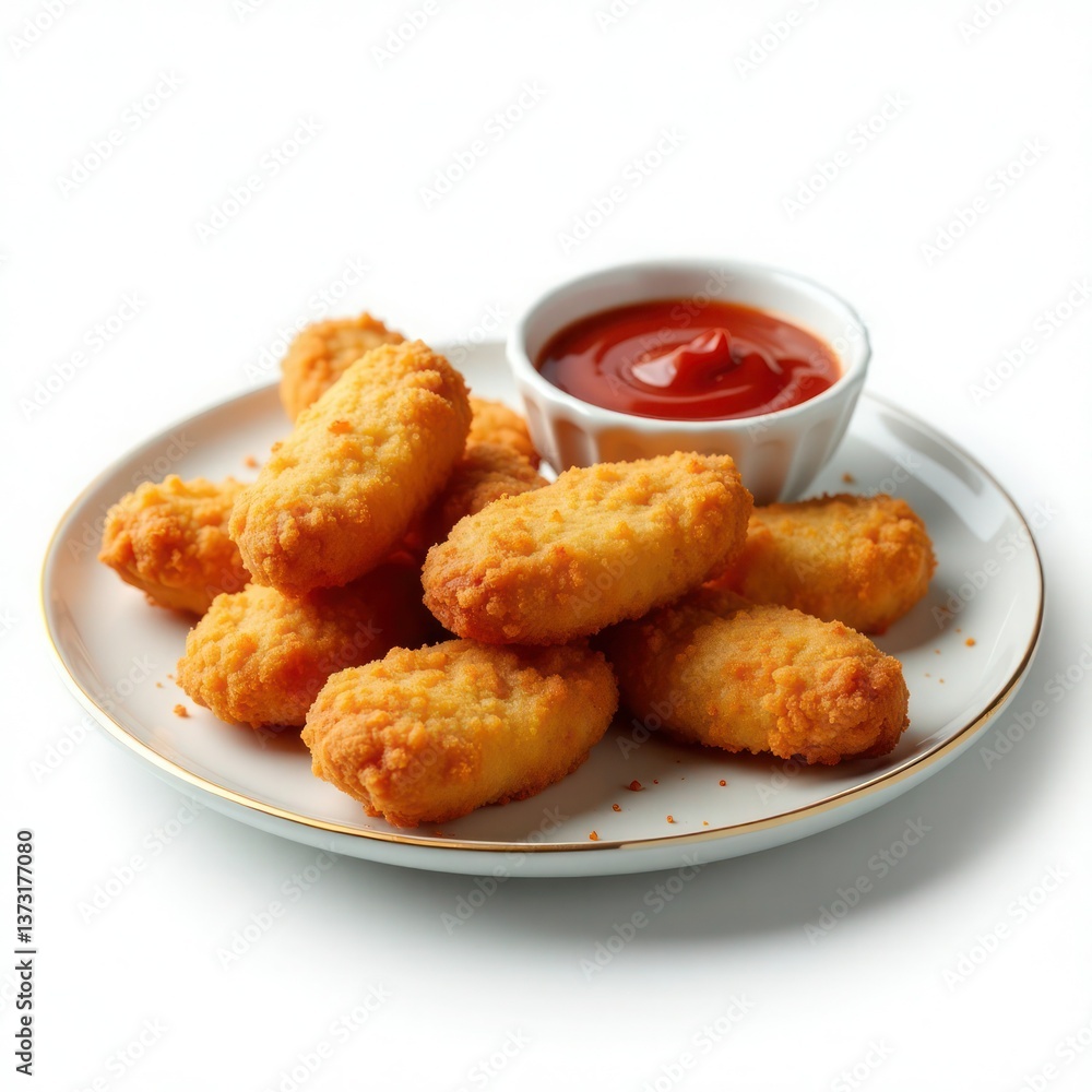 A plate of crispy golden chicken nuggets served with a small bowl of rich red ketchup. A plate of crispy golden chicken nuggets served with a small bowl of rich red ketchup.