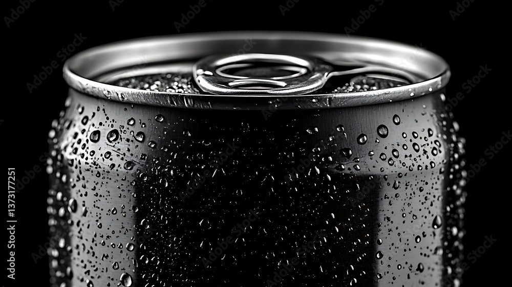 Close up image of a black beverage can with water droplets Close up image of a black beverage can with water droplets
