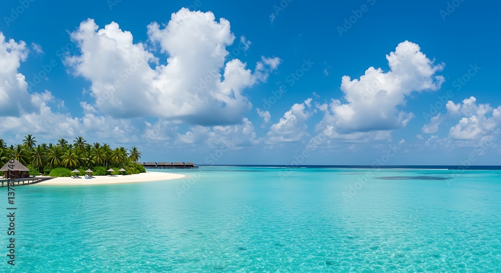 A tranquil tropical island paradise with pristine turquoise waters, a lush palm-fringed beach, and fluffy white clouds under a vibrant blue sky. A tranquil tropical island paradise with pristine turquoise waters, a lush palm-fringed beach, and fluffy white clouds under a vibrant blue sky.