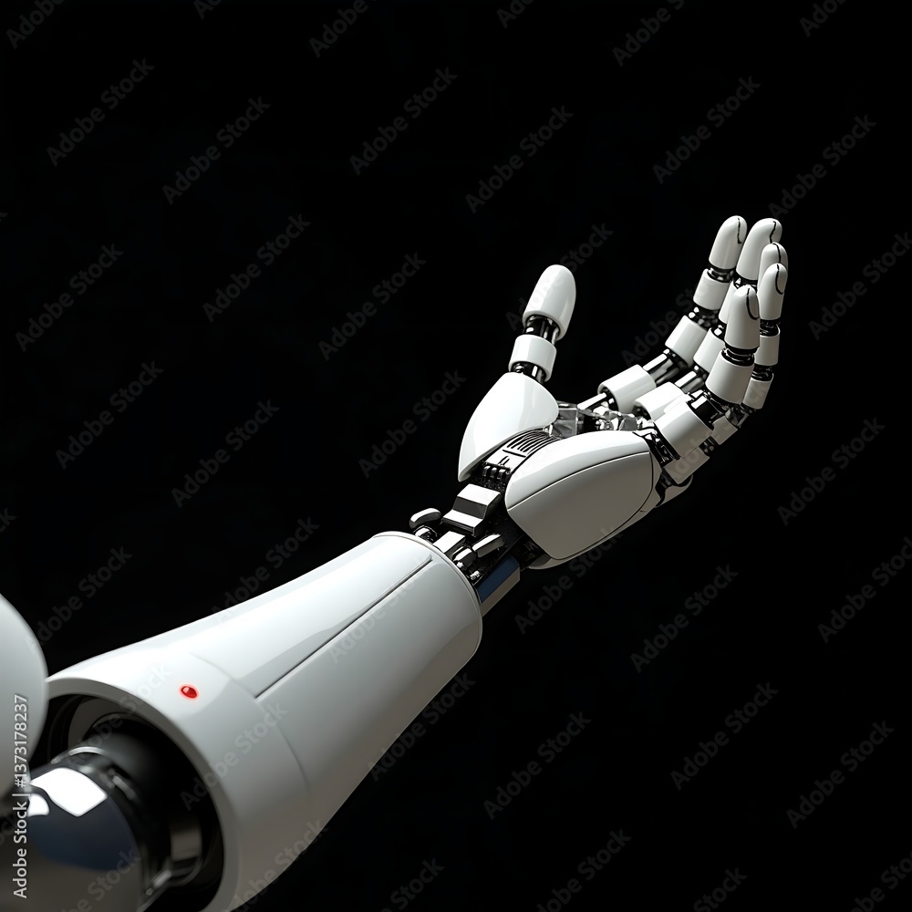 A robotic arm extended upwards with an open hand against a dark background in a studio shot A robotic arm extended upwards with an open hand against a dark background in a studio shot