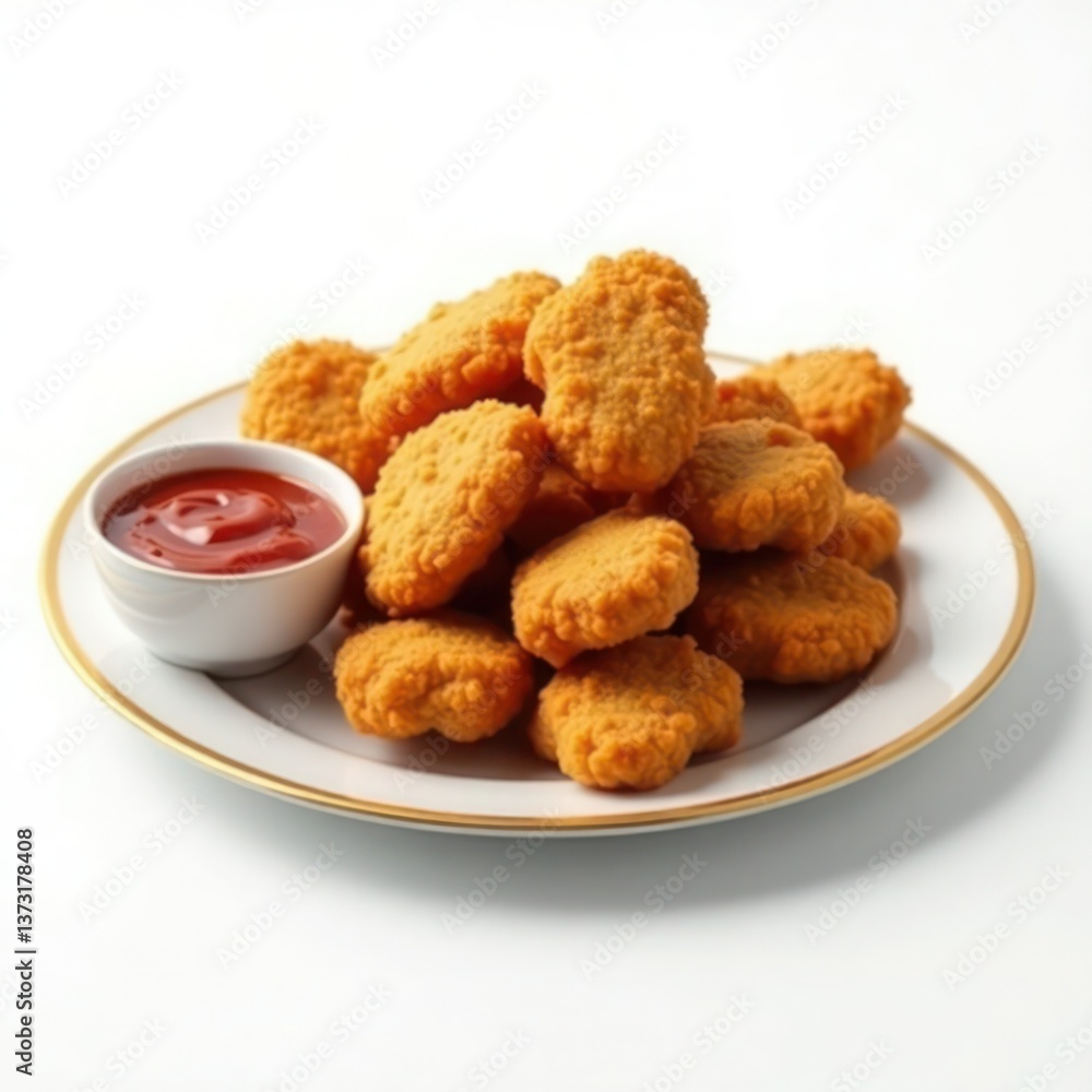 A delicious pile of golden fried chicken nuggets served with a side of tangy ketchup. A delicious pile of golden fried chicken nuggets served with a side of tangy ketchup.