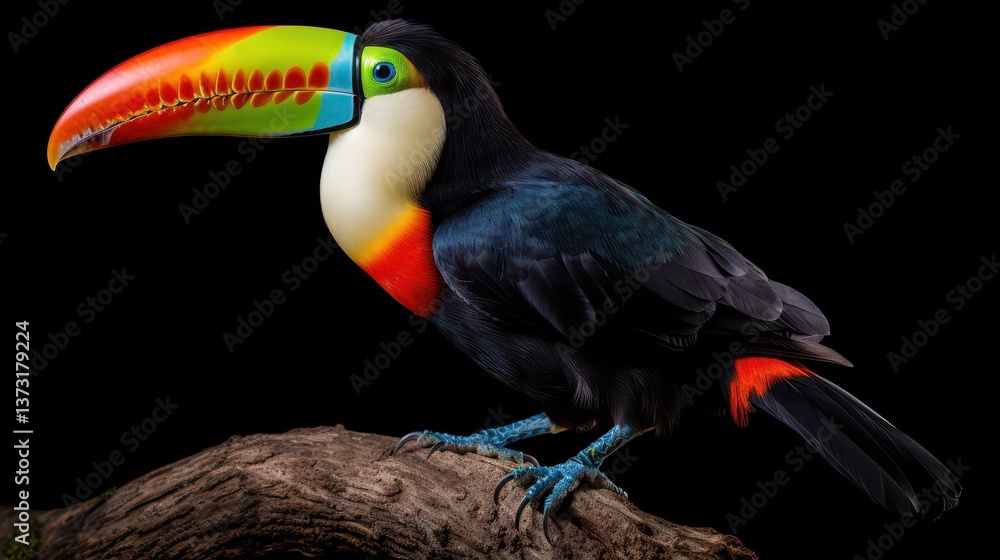 Naklejka premium Beautiful toucan with vibrant colors perched on a branch against a clear background. Exotic wildlife in focus.