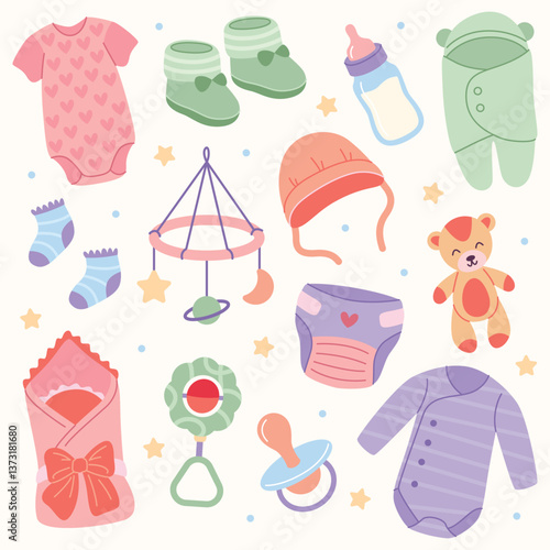 Newborn baby items set with cute cartoon elements in flat design. Vector illustration