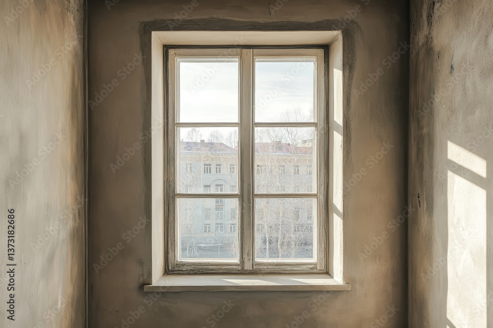 Window in the old house with a view of the winter city. Window in the old house with a view of the winter city.