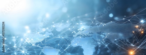 A light blue background with a digital world map and global network connections, representing the concept of international business or connectivity,
