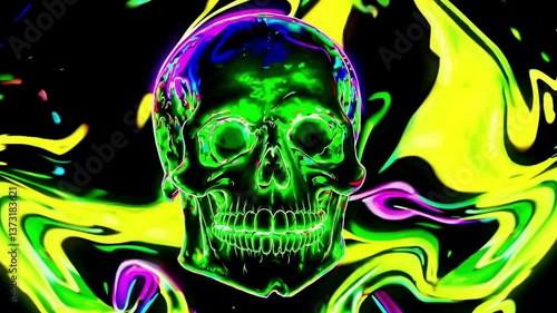 Green skull floating ethereally, radiating psychedelic energy against vibrant multicolor backdrop, representing surreal artistic visual design for music and graphic projects