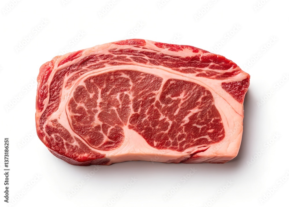 Obraz premium Raw Tomahawk Steak - High-Quality Marbled Meat on White Background | Premium Culinary Stock Photo, High-quality raw tomahawk steak with rich marbling, isolated on white for premium culinary visuals