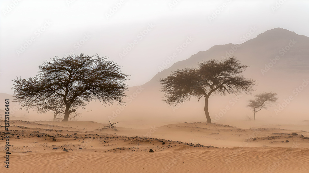 Desert Landscape with Trees in a Sandstorm Desert Landscape with Trees in a Sandstorm