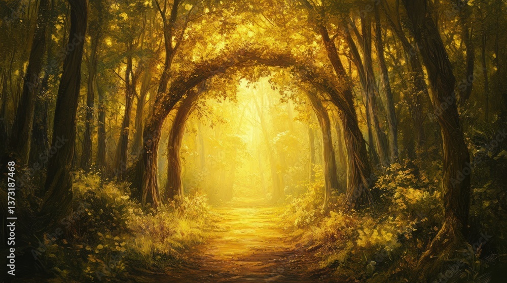 Fototapeta premium A sunlit path leads through a beautiful and enchanting forest scene