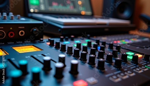 Wallpaper Mural Close-up Teal Audio Mixer Console with Laptop & Studio Monitors Torontodigital.ca