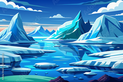 A captivating polar landscape with gigantic icebergs scattered across the Antarctic ocean