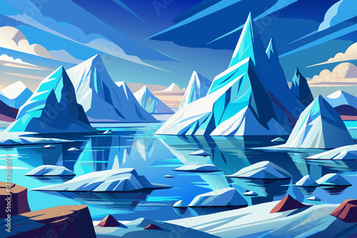 A captivating polar landscape with gigantic icebergs scattered across the Antarctic ocean