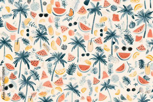 Aloha Summer Flatlay – Watermelon, Lemon & Vacation Vibes BackgroundSeamless Hand-Drawn Palm Tree and Sun Summer Pattern Background Set