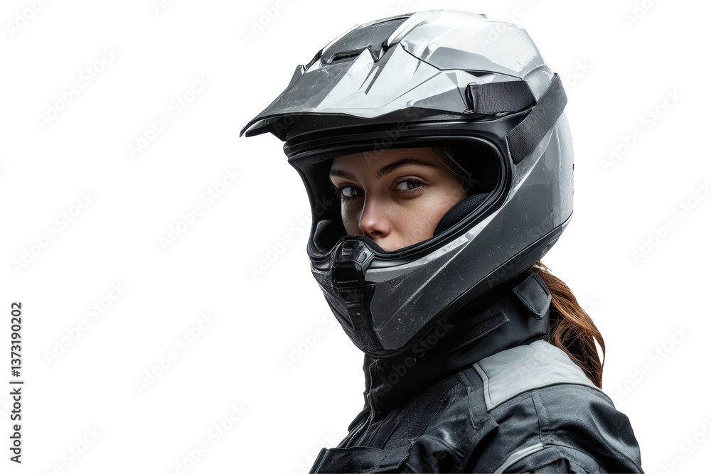 Rider wearing a sleek motorcycle helmet with a confident expression against a transparent background Rider wearing a sleek motorcycle helmet with a confident expression against a transparent background