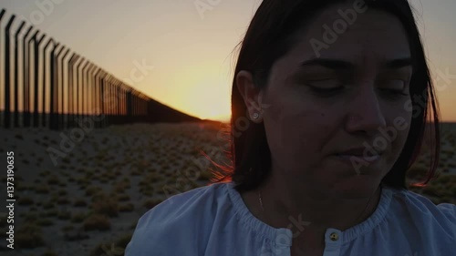 Immigrant Mother Walking by USA Mexico Border Wall at Sunset.