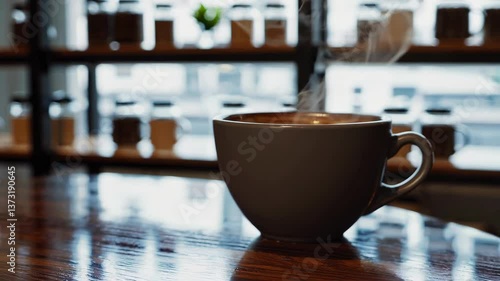 Hot Coffee Cup with Rising Steam on a Wooden Table in Cozy Cafe Setting. 4k shot.