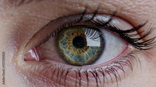 Close-Up of Woman’s Eye with Brown and Blue Iris and Detailed Skin Texture. Blinking and Looking at the Camera.