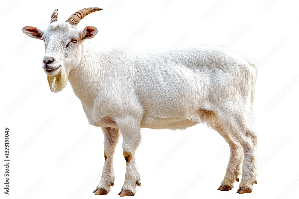 Kid goat standing on a white background showcasing its playful demeanor and distinctive black and white fur, perfect for animal lovers and farm enthusiasts looking for adorable features Kid goat standing on a white background showcasing its playful demeanor and distinctive black and white fur, perfect for animal lovers and farm enthusiasts looking for adorable features