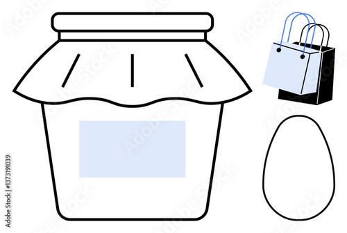 Jam jar with cover, shopping bags, and egg shape. Ideal for food packaging, shopping, retail concepts, grocery, kitchen themes organic products simple design aesthetics. Abstract line flat metaphor