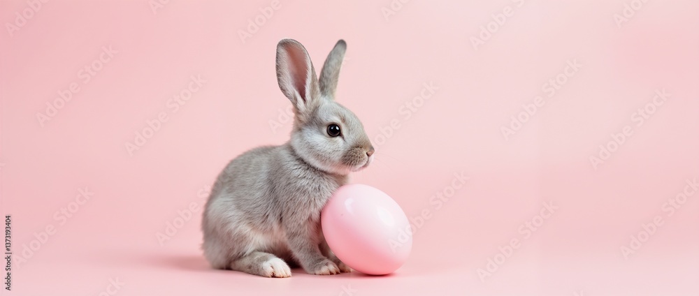 Obraz premium Adorable gray bunny sitting near a pink Easter egg on a pastel-colored backdrop, symbolizing spring celebration, festivity, and joy.