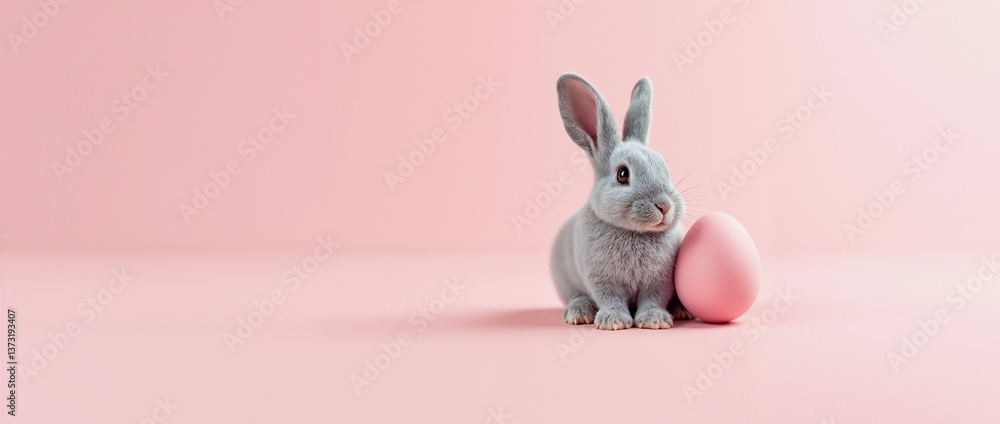 Obraz premium Adorable gray bunny sitting near a pink Easter egg on a pastel-colored backdrop, symbolizing spring celebration, festivity, and joy.