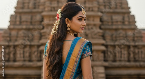 Indian Bride in Teal Saree at Temple