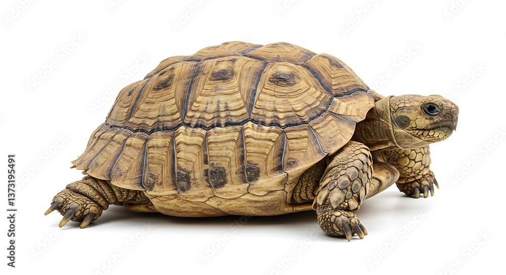 Obraz premium A wise tortoise, patiently navigating its world, showcasing its intricate shell pattern against a stark white backdrop.
