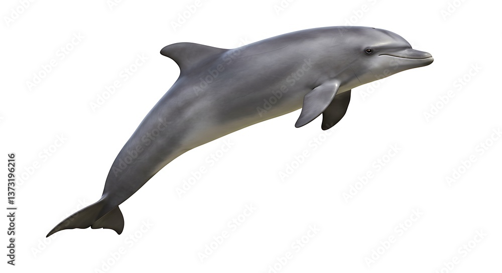 Naklejka premium A graceful dolphin leaps from the ocean's embrace, a moment of playful freedom against a bright, clear sky.