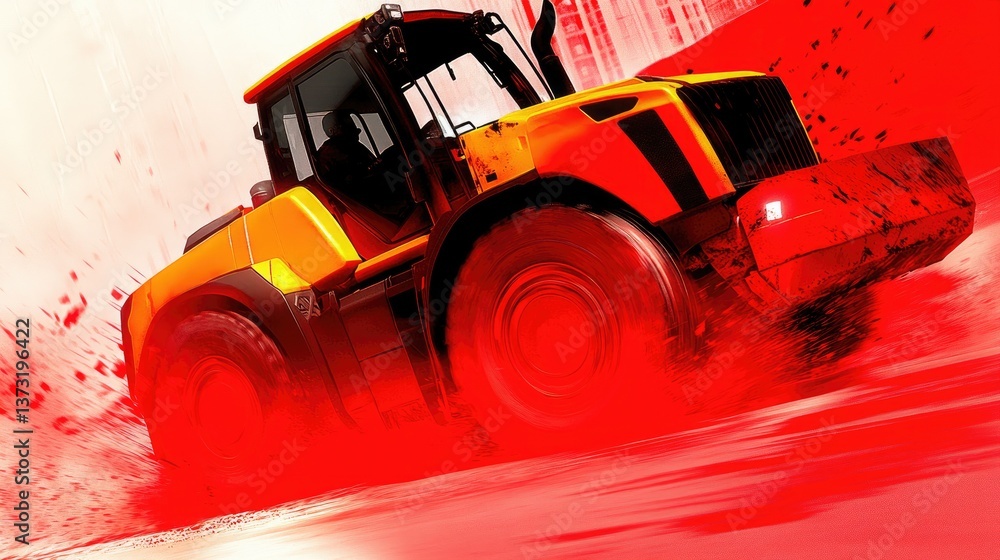 Naklejka premium A heavy tractor treads through the dirt, colored red