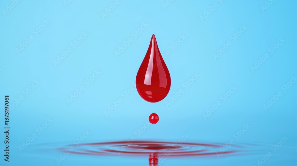 Fototapeta premium Red droplet falling into clear water ripple effect
