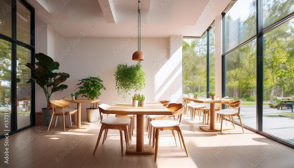 Obraz premium 北欧風カフェのミニマルインテリア｜シンプルで温かみのあるデザイン