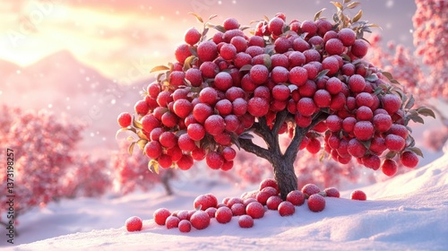 Tree laden with red fruits amidst a snowy landscape, snowy mountain background and warm light