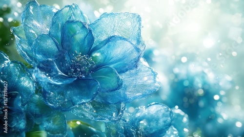 Vibrant,  blue flowers,  water droplets,  delicate petals,  soft focus