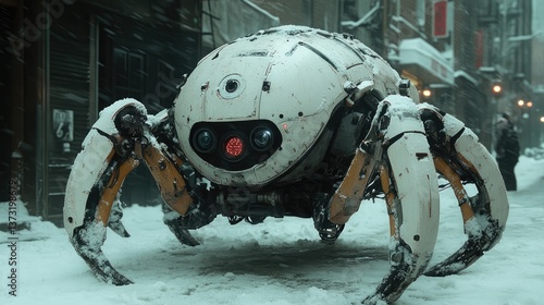 A robotic sphere crawls through a snow-covered urban landscape with brick buildings
