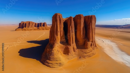 Giant rock formations emerge from the sandy desert under a clear sky in a serene, scenic landscape
