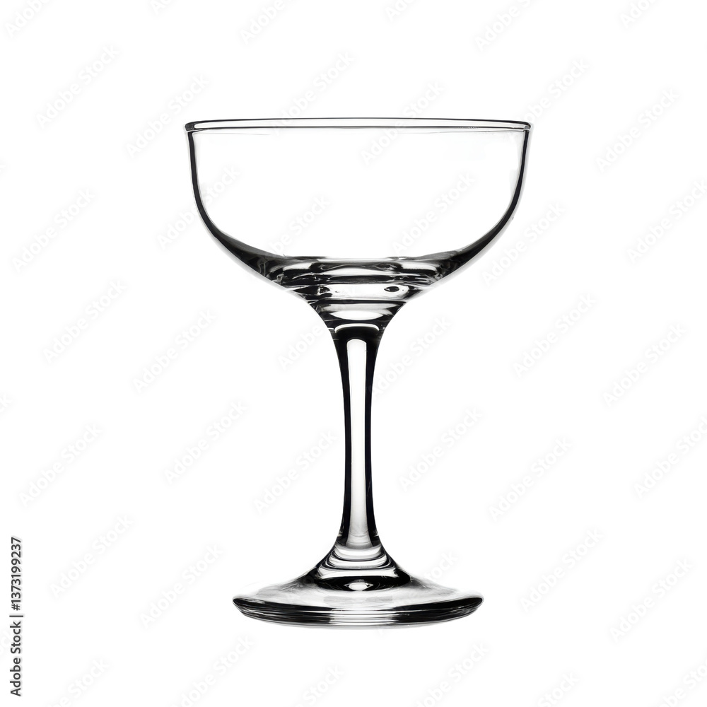 Elegant empty coupe glass on a transparent background, perfect for showcasing cocktail recipes, barware, or celebratory drinks Elegant empty coupe glass on a transparent background, perfect for showcasing cocktail recipes, barware, or celebratory drinks