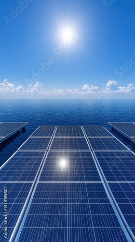 Solar panels float on water under a sunny sky