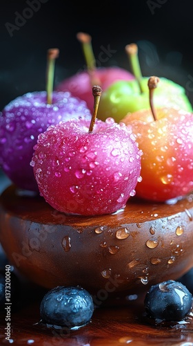 Colorful crabapples with blueberries, water droplets on a wooden bowl, dark background