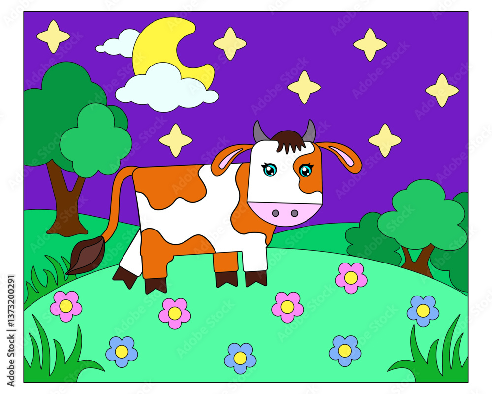 Obraz premium Cow, cute picture with a pet on the background of a night landscape - vector full color drawing. Bull on a night meadow with flowers, moon and stars 