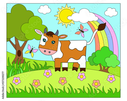 Fotografie Cow, cute picture with a domestic animal on a landscape background - vector full color drawing