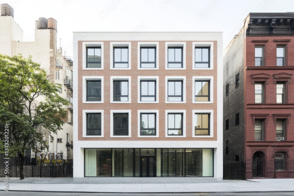 Modern architecture stands out in an urban setting with brick facade and large windows, showcasing a blend of contemporary design and historical context on a city street Modern architecture stands out in an urban setting with brick facade and large windows, showcasing a blend of contemporary design and historical context on a city street
