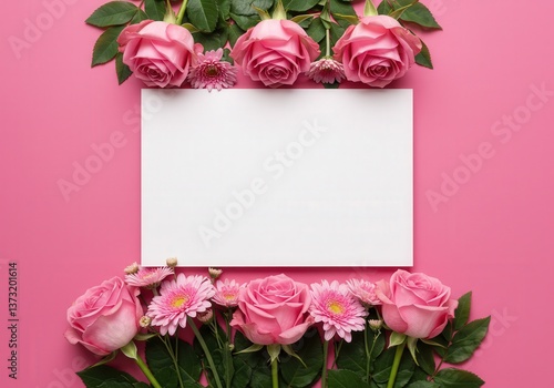 Elegant pink roses and daisies beautifully frame a blank card on a pink surface, ready for your personal message.