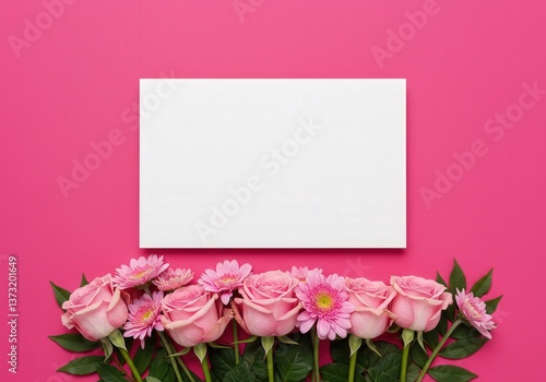 Elegant pink roses and gerbera daisies frame a blank white card on a bright pink surface.