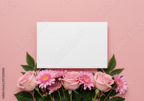 Wallpaper Mural Romantic pink roses and gerbera daisies form a delicate floral arrangement with a blank card for your message. Torontodigital.ca